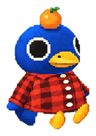 Fruit Duck, a round blue duck in a red flannel shirt with an orange balanced on his head
