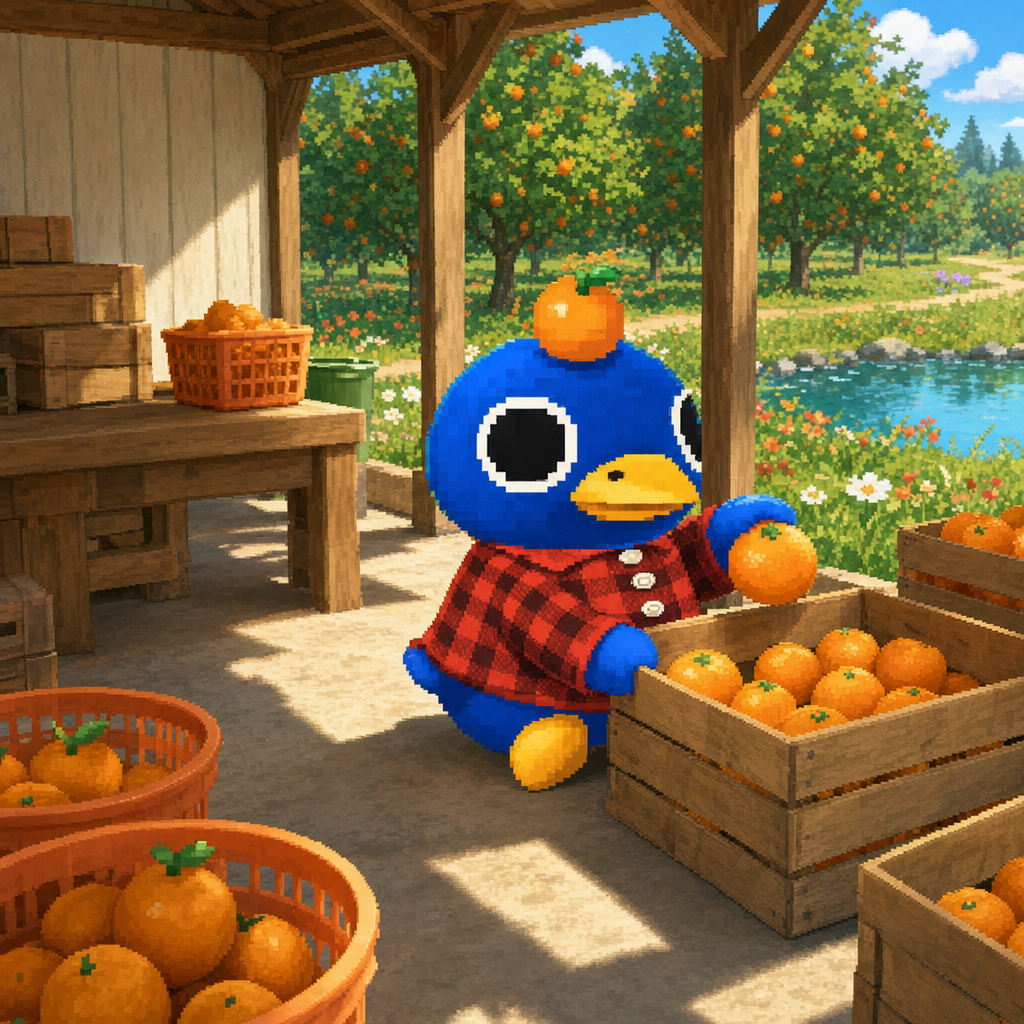 Fruit Duck sorting oranges into wooden crates in an orchard packing shed